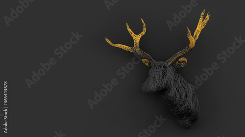 Lots of shiny threads intertwined in the shape of a voluminous deer head on the wall. Christmas concert. 3D illustration