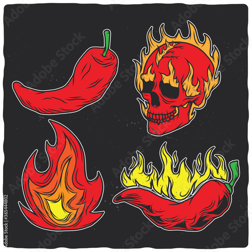 Isolated color set of peppers, fire and skull