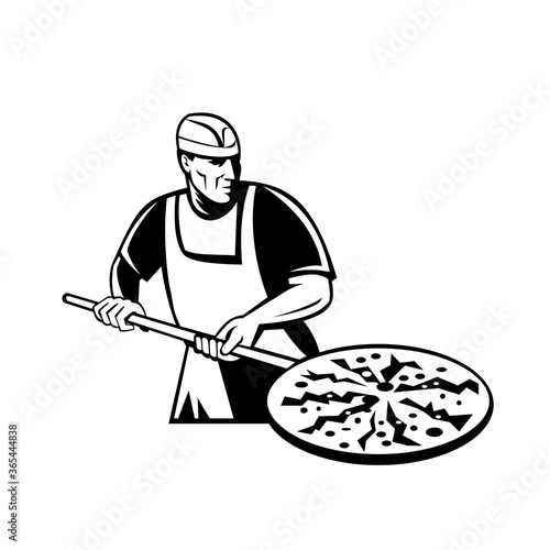 Pizza Pie Maker Holding a Pizza Peel Front  Retro Black and White