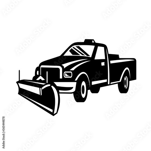 Snow Plow Pick-Up Truck Retro Side View Black and White