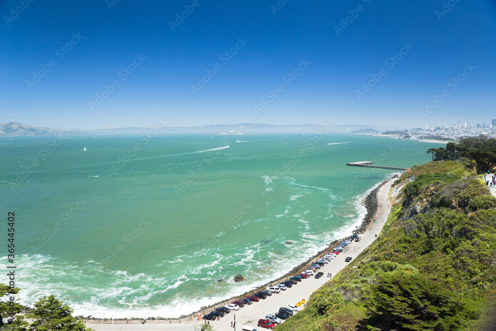 Panorama view of Marine Dr at seaside in Golden Gate Bridge