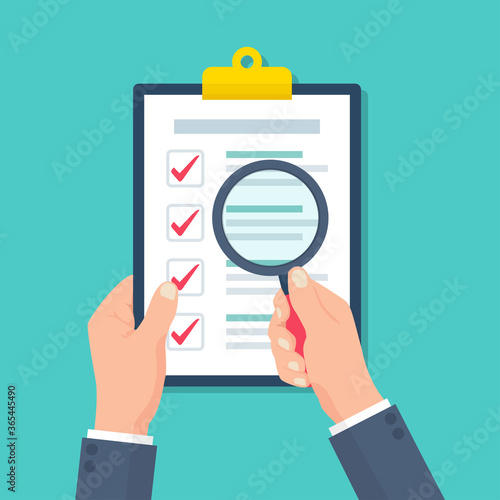 Businessman holding held magnifier on clipboard with audit document in a flat design