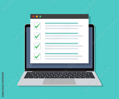 Laptop with online checklist on display in a flat design
