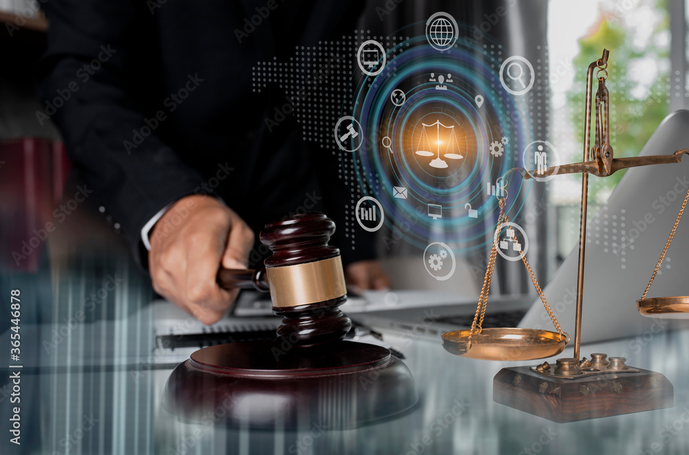 Concepts of Law and Legal services.	Law interface icons.