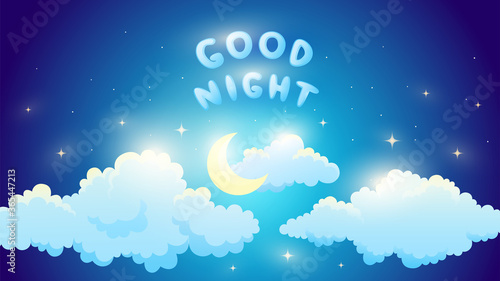 Good night card with clouds, moon and stars. Cartoon style
