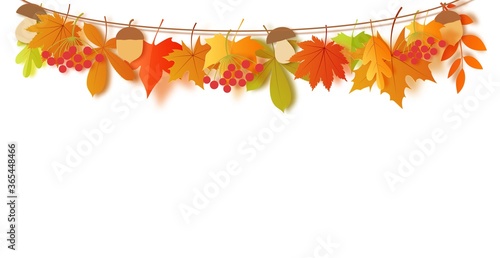 Autumn leaves and harvest hang on a rope in paper cut style. Vector 3d border with orange, green, yellow and red oak leaf mushroom and acorn. Thanksgiving day decorations for greeting card design