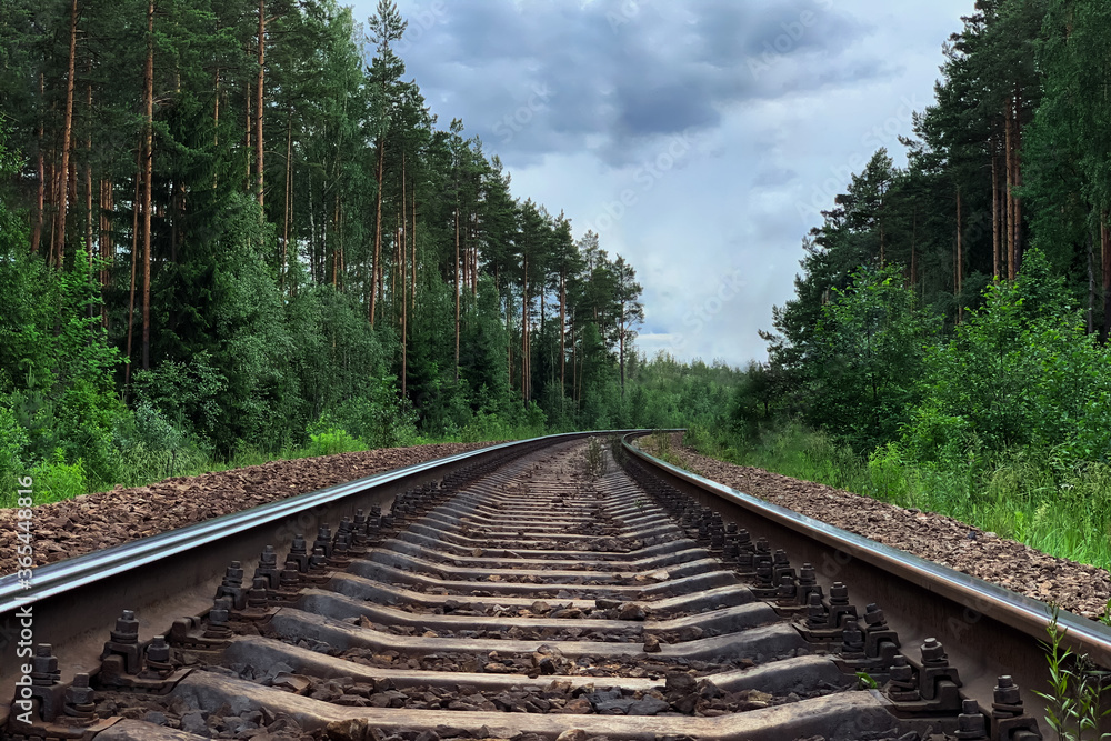 Railway surrounded by forest and sky. Rails close-up, there is a place for an inscription. Railway surrounded by forest and sky. Rails close-up, there is a place for an inscription.