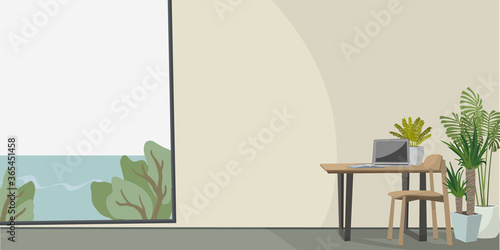 Laptop on wooden table in home office. Illustration of beach house interior with sea view.