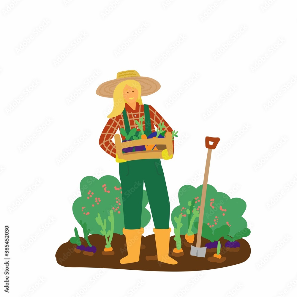 Vector illustration of woman farmer holding box with fresh vegetables. Harvest. Eat local concept. Small business. Hand drawn style. Vector illustration of woman farmer holding box with fresh vegetables. Harvest. Eat local concept. Small business. Hand drawn style.