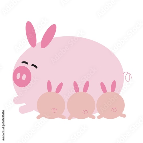 happy pig cartoon with piglets