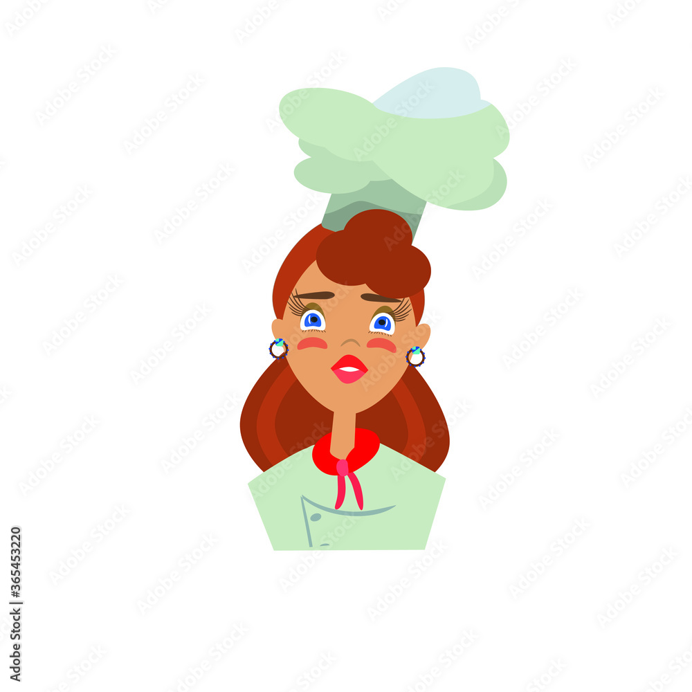 Young happy chef woman in uniform. Vector illustration in cartoon flat style. Young happy chef woman in uniform. Vector illustration in cartoon flat style.