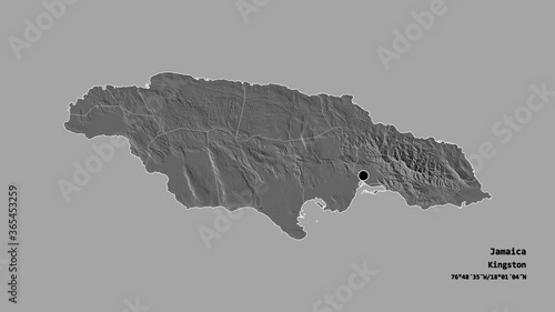 Westmoreland, parish of Jamaica, with its capital, localized, outlined and zoomed with informative overlays on a bilevel map in the Stereographic projection. Animation 3D photo