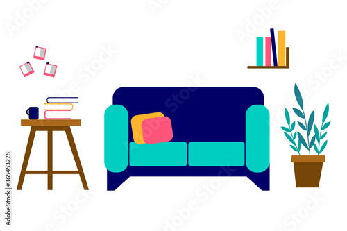 Furniture: sofa, bookshelf, table top. Bright living room interior. Vector illustration in flat style.