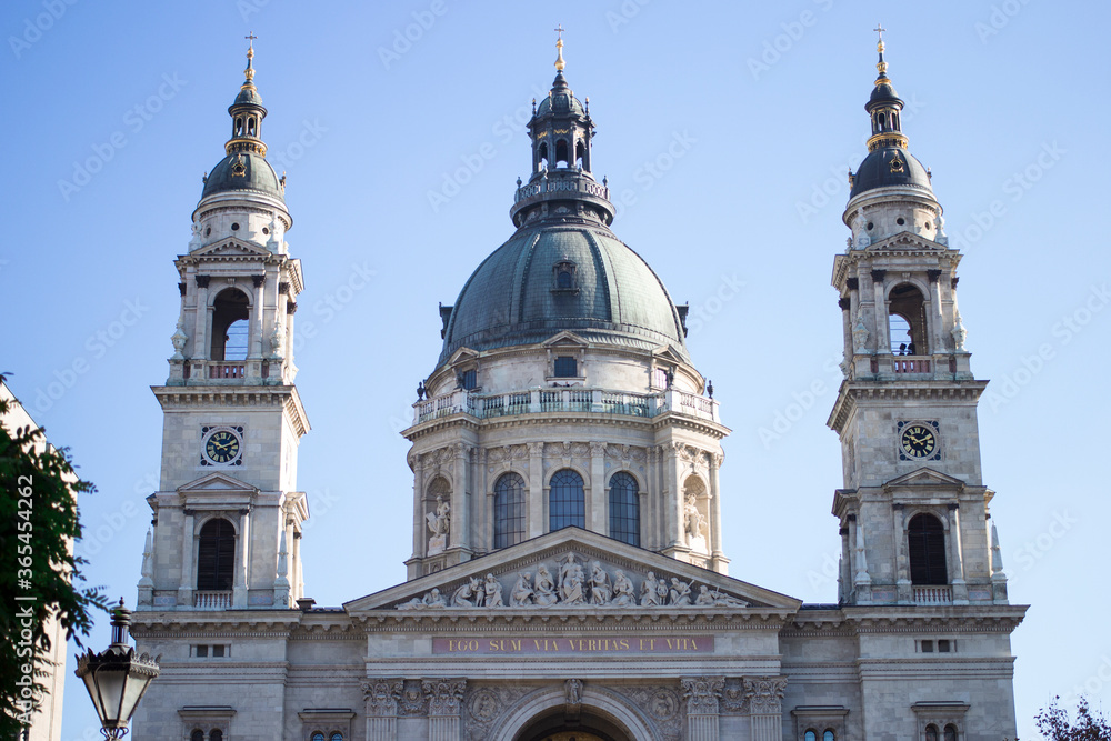 West front facade of the roman catholic Saint Stephen's Basilica with the two towers on the sides and the central dome in Budapest Hungary Europe
