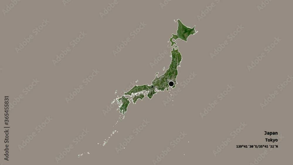 Chiba, prefecture of Japan, with its capital, localized, outlined and zoomed with informative overlays on a satellite map in the Stereographic projection. Animation 3D Chiba, prefecture of Japan, with its capital, localized, outlined and zoomed with informative overlays on a satellite map in the Stereographic projection. Animation 3D