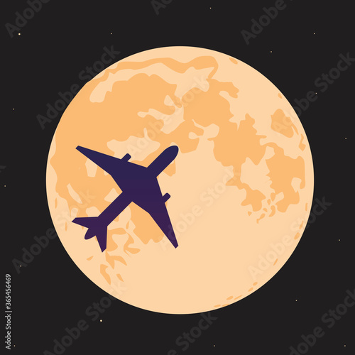 Airplane or plane and moon in the sky at night as tourism concept, square flat vector stock illustration with airplane ai stars on black background