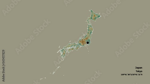 Fukuoka, prefecture of Japan, with its capital, localized, outlined and zoomed with informative overlays on a relief map in the Stereographic projection. Animation 3D photo