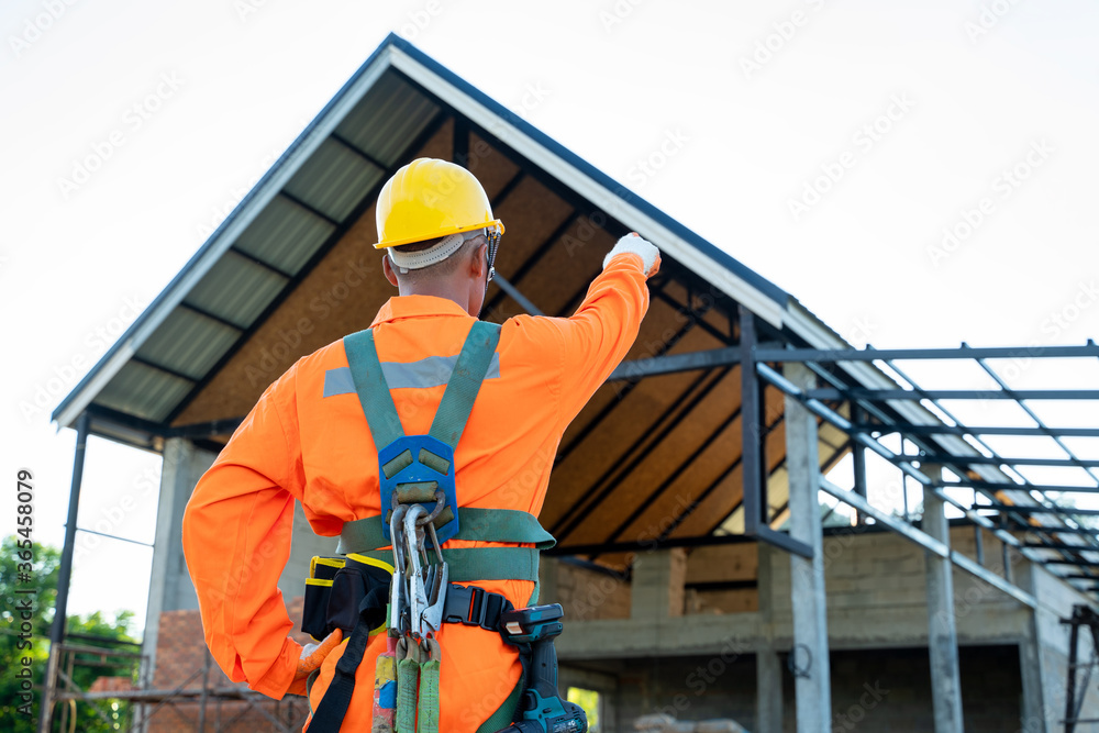 Hse Engineer Outside Engineer wearing safety harness and safety line working at high place ...