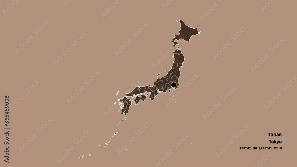 Gifu, prefecture of Japan, with its capital, localized, outlined and zoomed with informative overlays on a administrative map in the Stereographic projection. Animation 3D Gifu, prefecture of Japan, with its capital, localized, outlined and zoomed with informative overlays on a administrative map in the Stereographic projection. Animation 3D