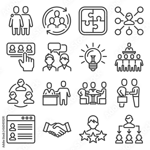 People Communication, Collaboration and Relationship Icons Set. Line Style Vector