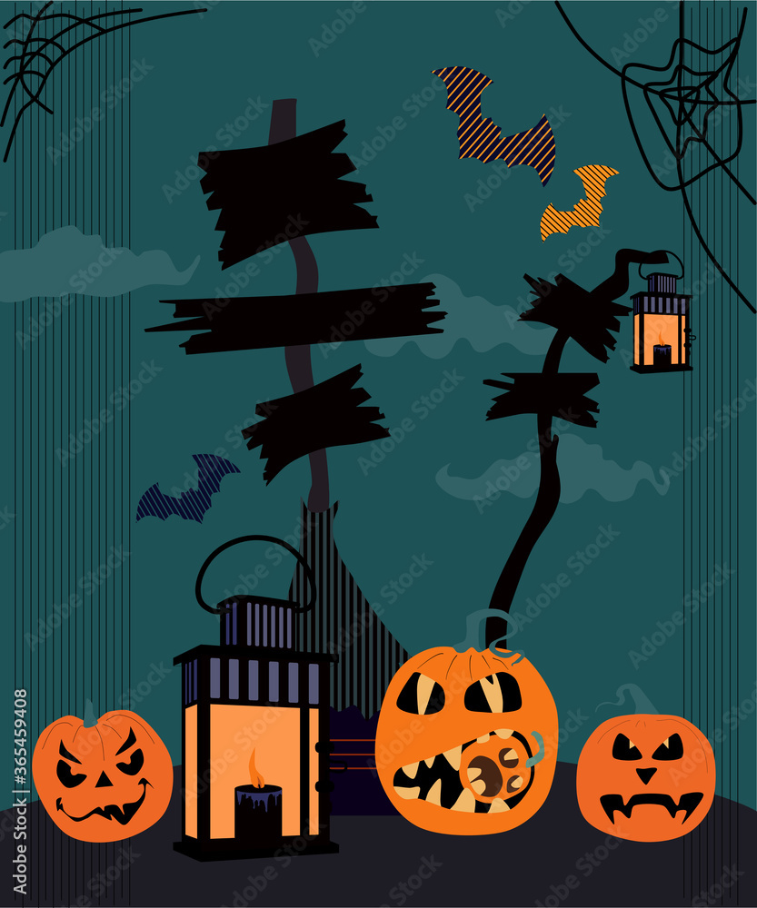 Halloween scary postcard with night view. Jack o lanterns with weird ...