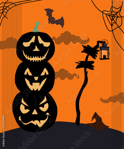 Halloween scary night.Jack o lanterns with weird facial expressions, clumsy dry tree, gothic lamp with candle, bats and other traditional festival symbols.Party invitation or sale flyer.Vector.Cobwebs