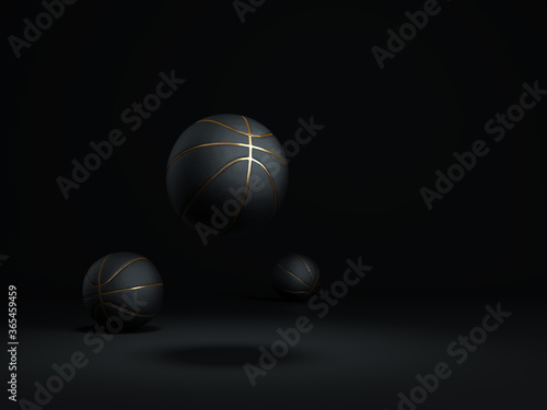 Basketball minimal black background. Basketball balls isolated on Simple black background. Sport game black minimalist mock up concept. Toned black and gold solid dark color isolated basketball image. © Marcin