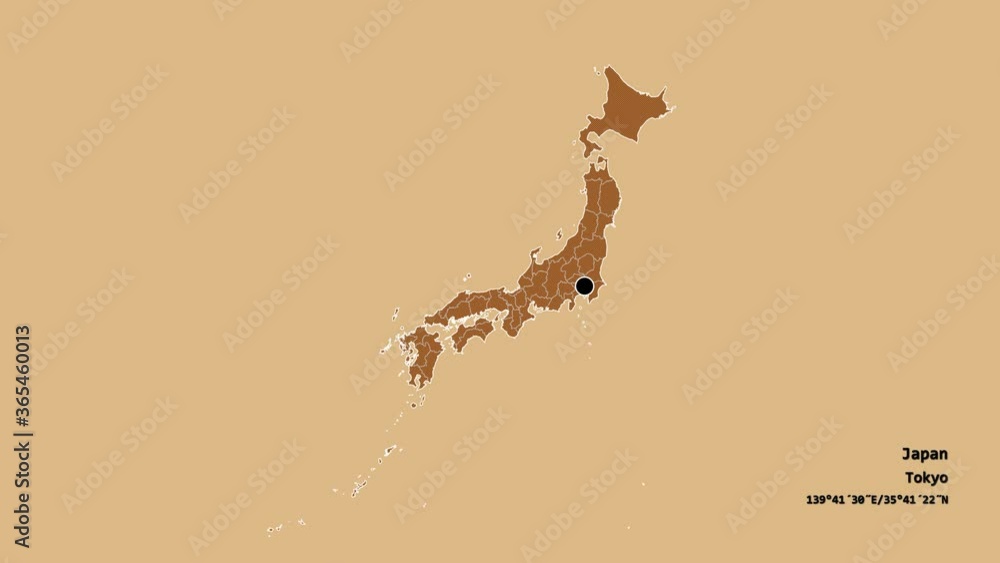 Gunma, prefecture of Japan, with its capital, localized, outlined and zoomed with informative overlays on a solid patterned map in the Stereographic projection. Animation 3D Gunma, prefecture of Japan, with its capital, localized, outlined and zoomed with informative overlays on a solid patterned map in the Stereographic projection. Animation 3D