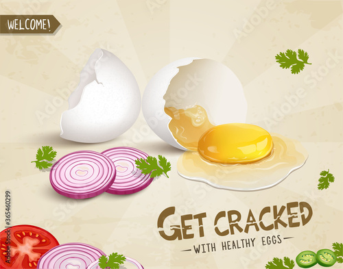 vector illustration of egg yolk and onion round pieces on light brown background