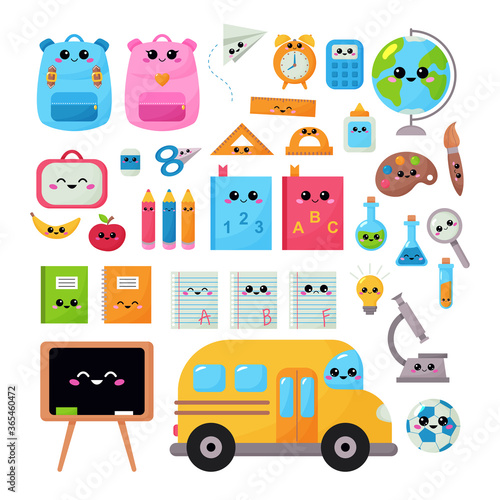 Back to school vector kawaii set for children. Educational clipart objects with kawaii face. Funny cartoon characters. Cute backpacks, pencils, apple, book,notebook and school bus.