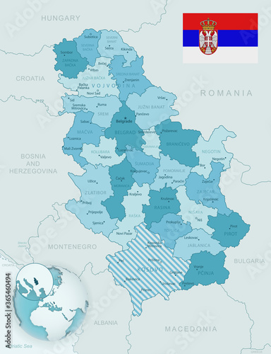 Obraz na plátne Blue-green detailed map of Serbia administrative divisions with country flag and location on the globe