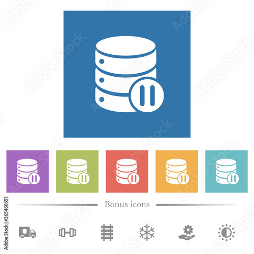 Database macro pause flat white icons in square backgrounds