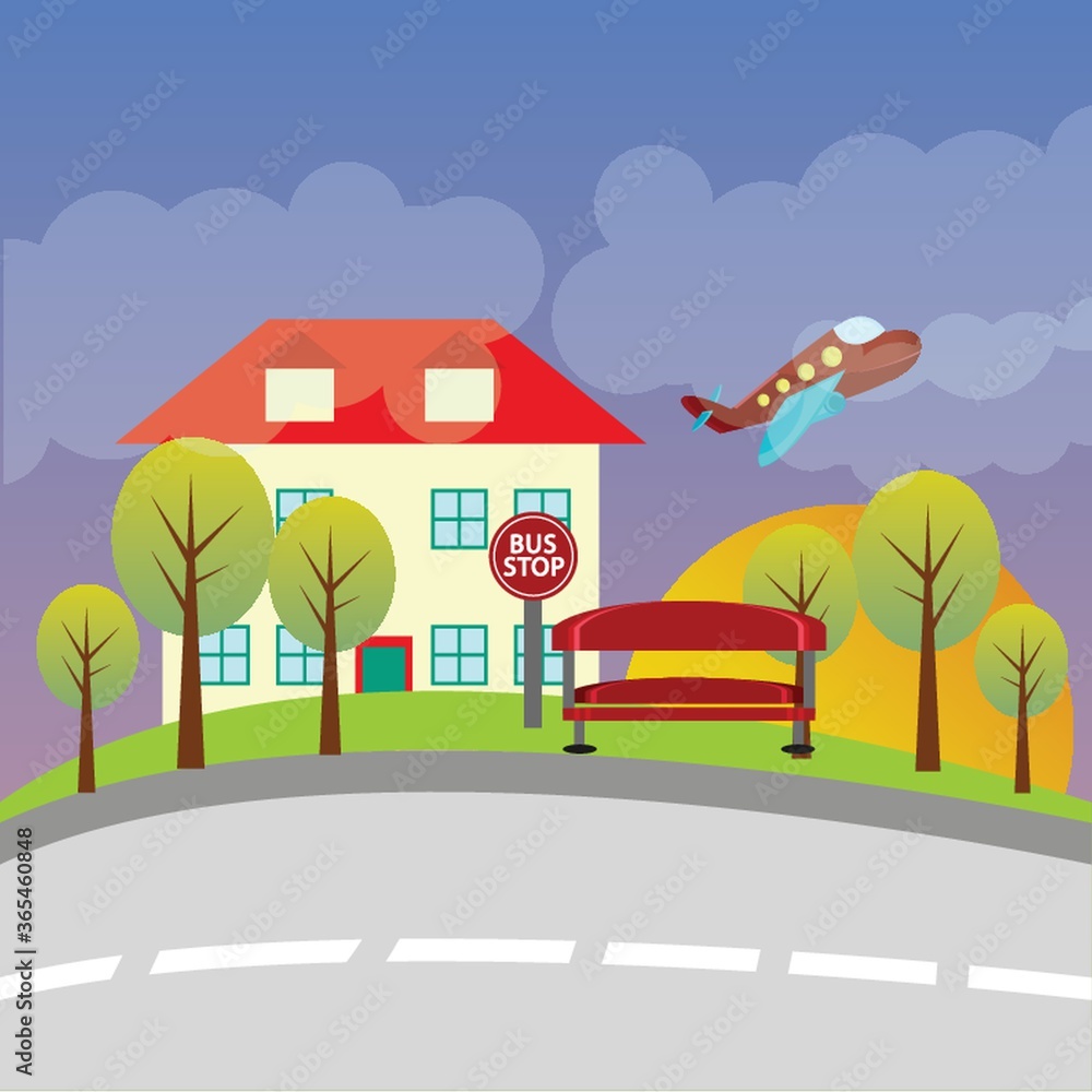 plane flying near a house and bus stop