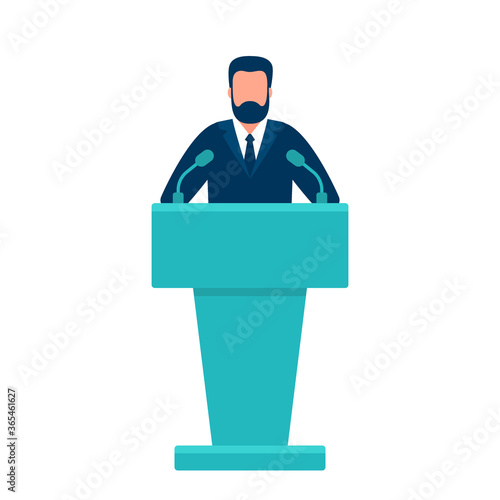 Man in conference suit on podium, tribune. Speech by people leader, businessman, head, teacher. Presidential debate, political elections. Vector illustration
