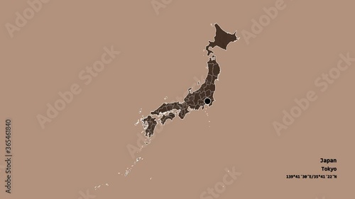 Hyōgo, prefecture of Japan, with its capital, localized, outlined and zoomed with informative overlays on a administrative map in the Stereographic projection. Animation 3D photo