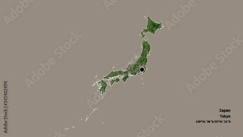 Hyōgo, prefecture of Japan, with its capital, localized, outlined and zoomed with informative overlays on a satellite map in the Stereographic projection. Animation 3D photo