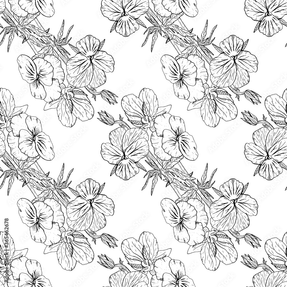 Fototapeta premium Monochrome floral seamless pattern with hand drawn pansy flowers on white background. Stock vector illustration.