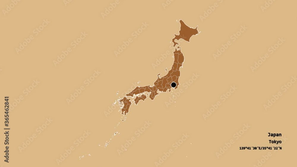 Ibaraki, prefecture of Japan, with its capital, localized, outlined and zoomed with informative overlays on a solid patterned map in the Stereographic projection. Animation 3D Ibaraki, prefecture of Japan, with its capital, localized, outlined and zoomed with informative overlays on a solid patterned map in the Stereographic projection. Animation 3D