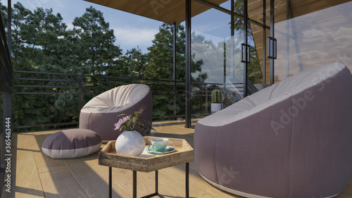 Balcony with Furniture Surrounded by Trees in Natural Daylight 3D Rendering © beysim