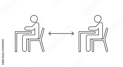 Keep safe distance at school concept. Two students sitting at tables keeping social distance. Line icon. Back to school new normality. Black outline on white background. Vector illustration, clip art 