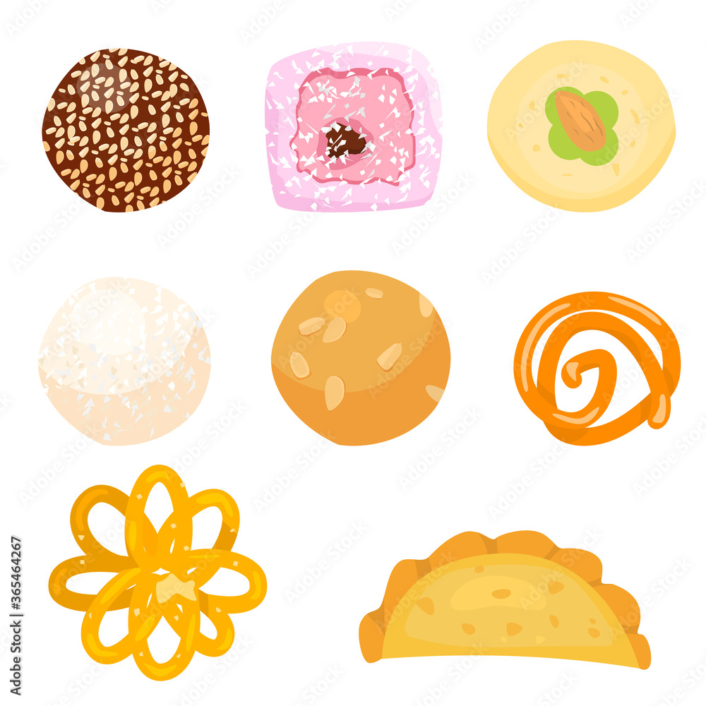 Vector set of traditional Indian sweets. Laddu, gujiya, sandesh, gulab jamun, jalebi, rasgulla. Vector set of traditional Indian sweets. Laddu, gujiya, sandesh, gulab jamun, jalebi, rasgulla.