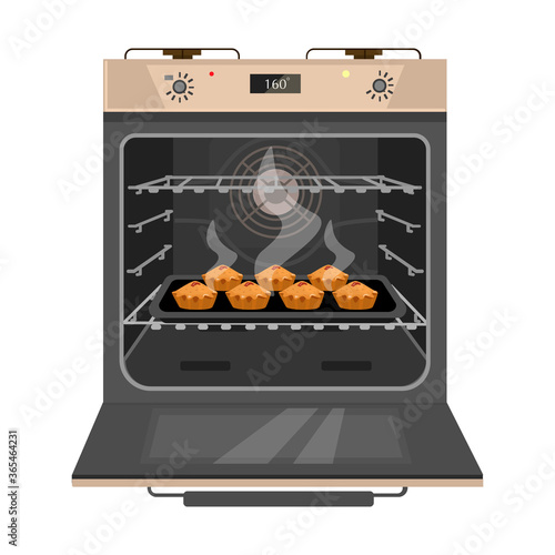 Opened oven with freshly baked cakes on the pan. Home bakery. Isolated on white. Cartoon vector illustration.