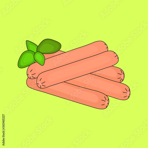 Boiled sausages with basil, isolated on yellow background.