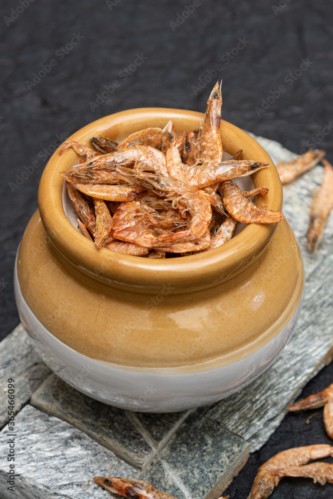 Dried shrimp, prawn sundried Kerala India. Dry seafood to make coconut