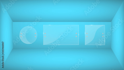 Glass plates are installed. Vector glass banners on a blue background. Glass. Glass paintings. Color frames.