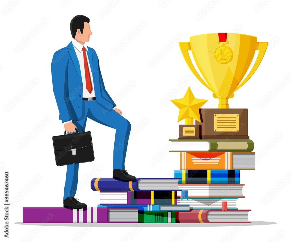 Businessman with trophy on stack of books. Business man with medal. Education and study. Business success, triumph, goal or achievement. Winning of competition. Vector illustration flat style
