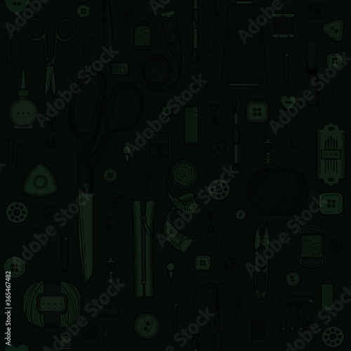 Seamless pattern. Handmade, sewing, embroidery, needlework items on a green background.