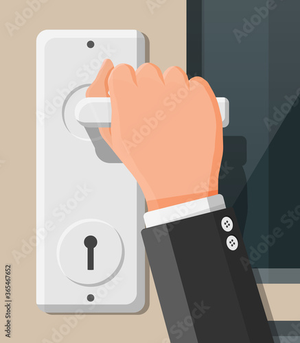 The hand opens the door. Closed door with chrome handle. Concept of invitation to enter or new opportunity. Flat vector illustration