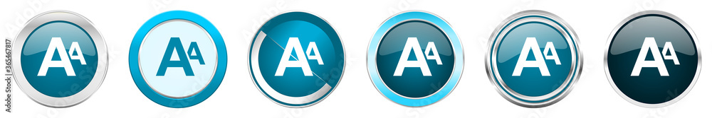 Alphabet silver metallic chrome border icons in 6 options, set of web blue round buttons isolated on white background Alphabet silver metallic chrome border icons in 6 options, set of web blue round buttons isolated on white background