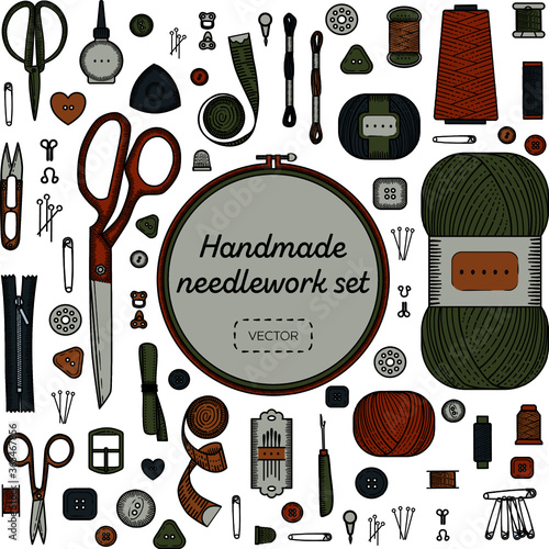 Sewing accessories set. Handmade, sewing, embroidery, needlework supplies on a white background.